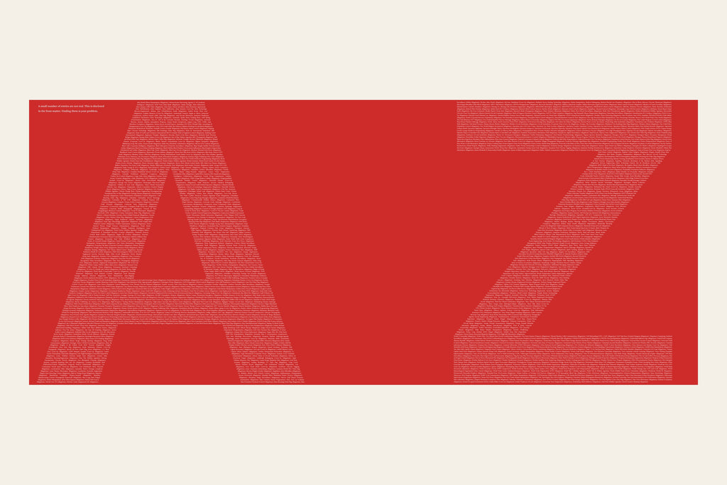 Inside the gatefold: every entry in the book set as a giant A and Z